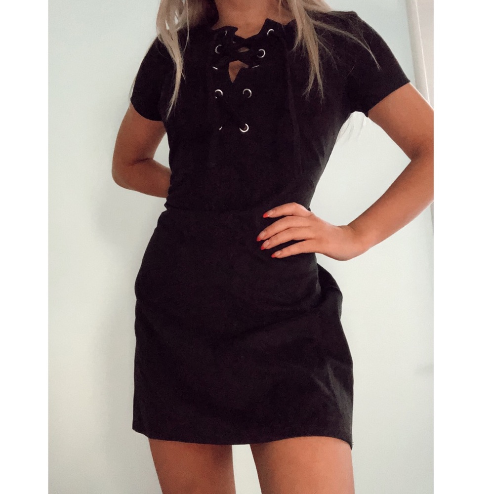 Express — Faux Suede Black Dress w/ Lace-up Front